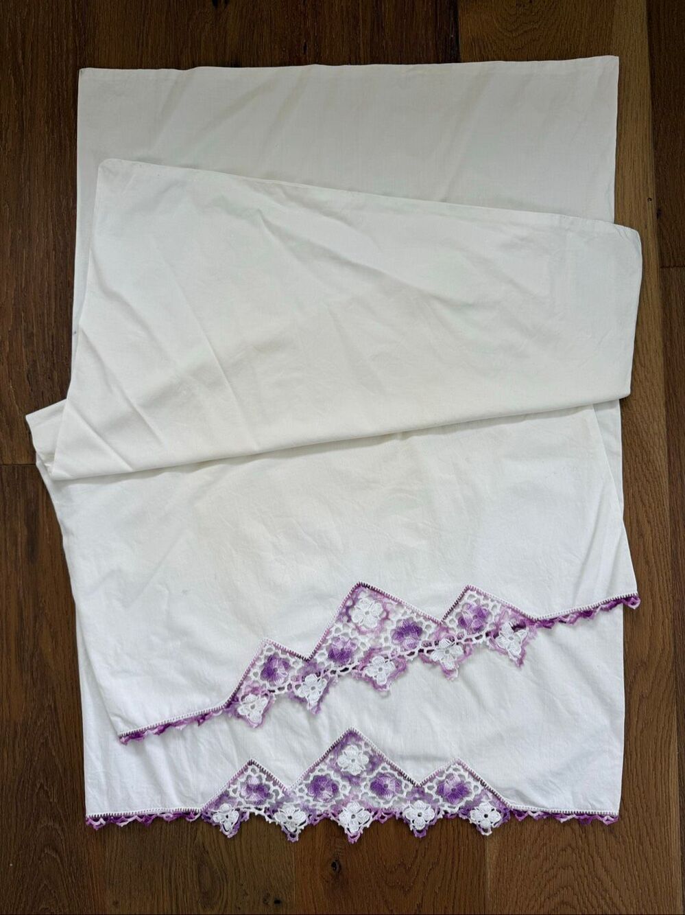 2 Vintage Queen Size Pillowcases Purple Crochet Lace Detail 34” x 20”